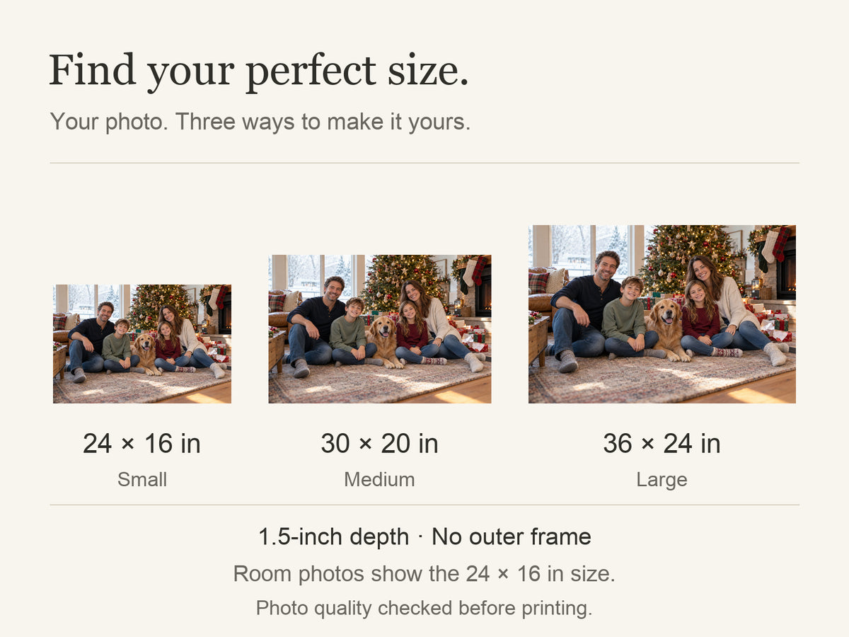Personalized Christmas Photo Canvas — Available sizes: 24 × 16 in, 30 × 20 in, 36 × 24 in; width × height; 1.5-inch depth; room photos show 24 × 16 in — Image 10