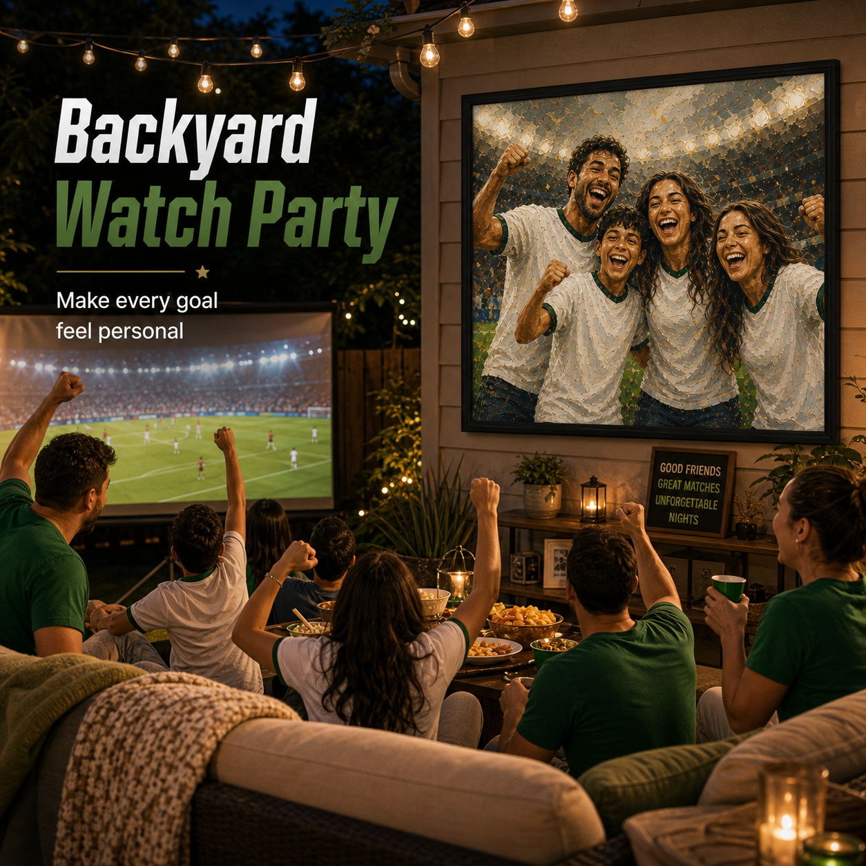 Custom World Cup inspired backyard big screen watch party print from photo