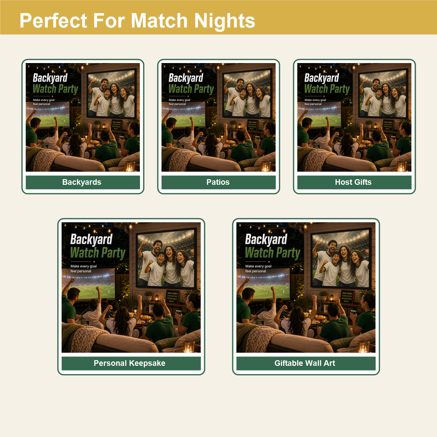 Backyard World Cup inspired watch party wall art for patios projector nights host gifts and keepsakes