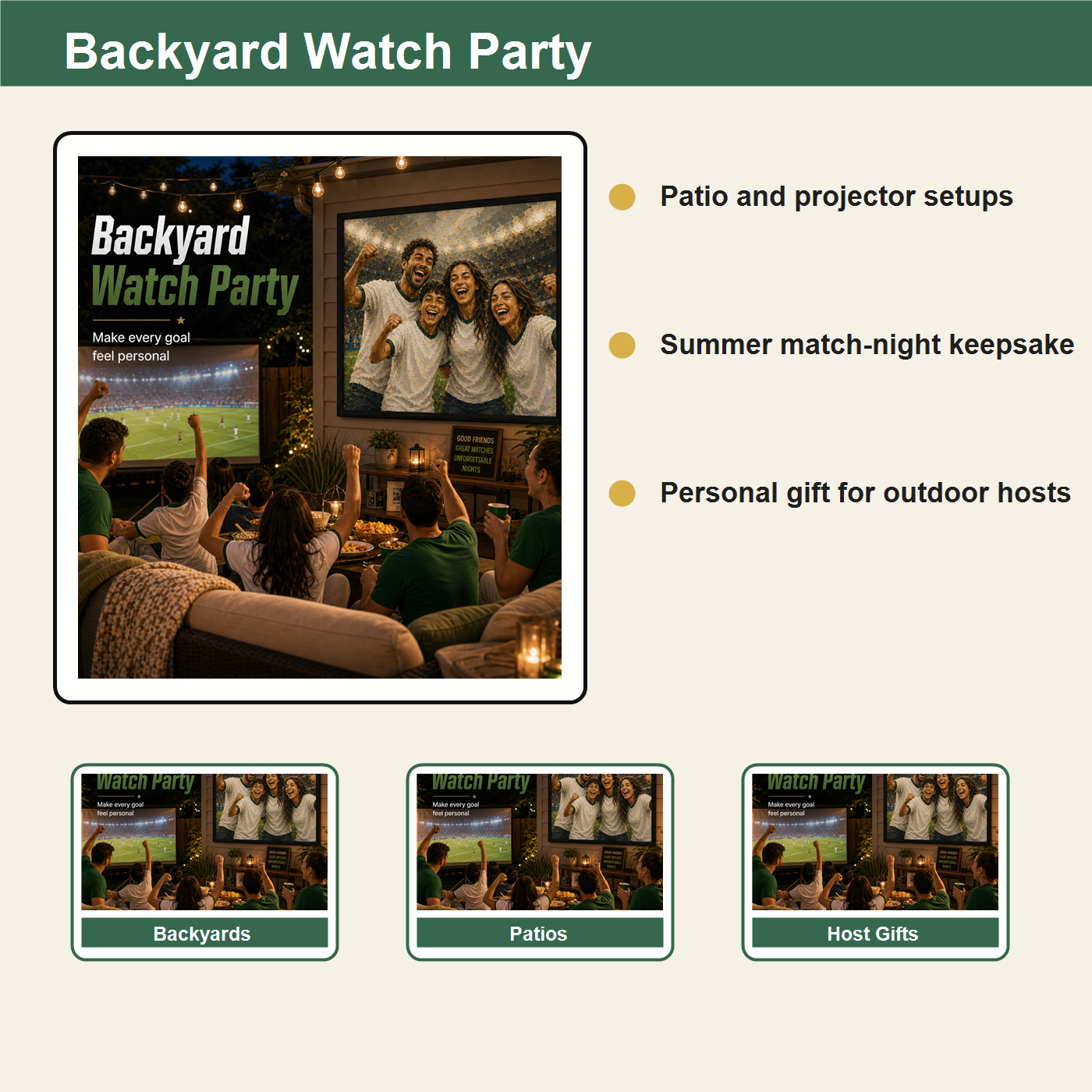 Backyard watch party styling board for personalized World Cup inspired wall art