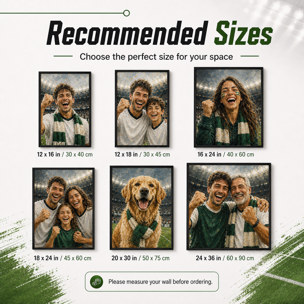 Recommended sizes for personalized soccer portrait print