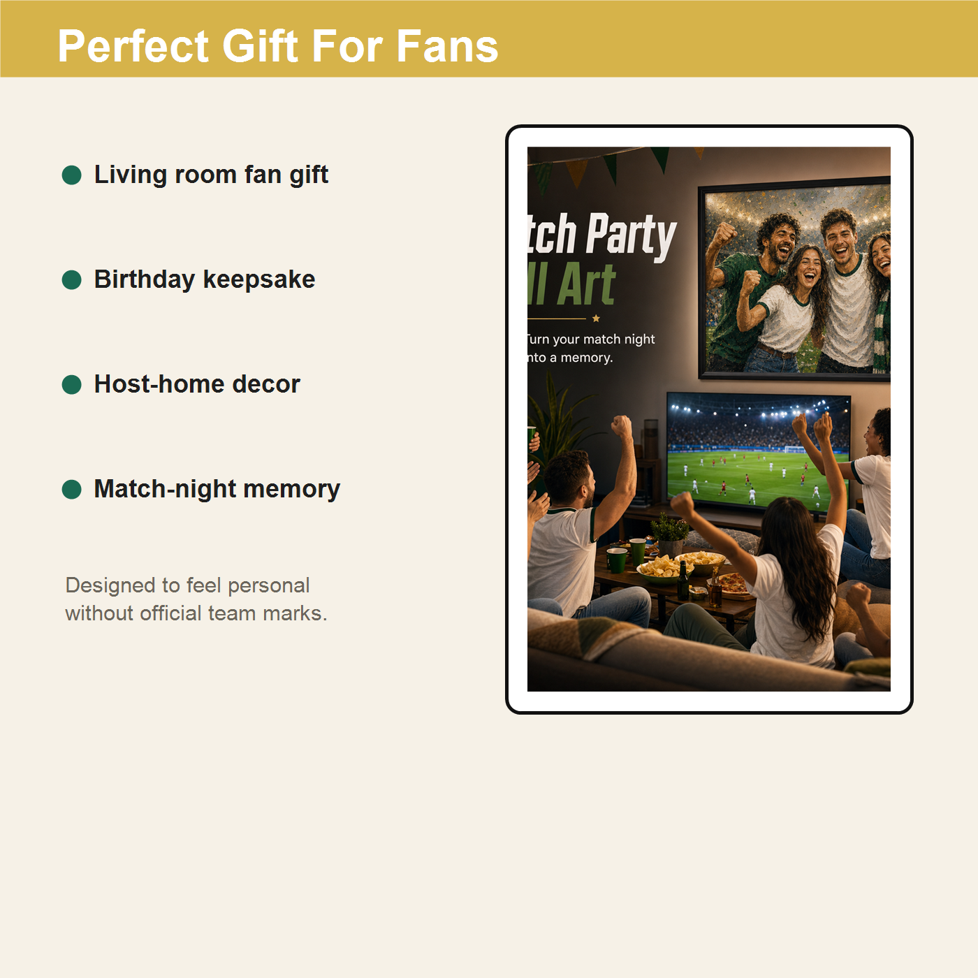 Living room soccer fan gift board for match nights birthdays and host home decor