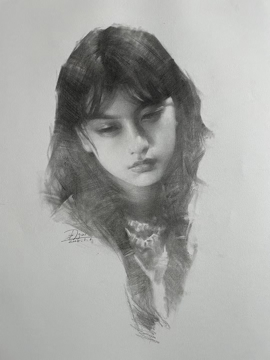 Portrait of a woman with dark wavy hair by Elliot Gray