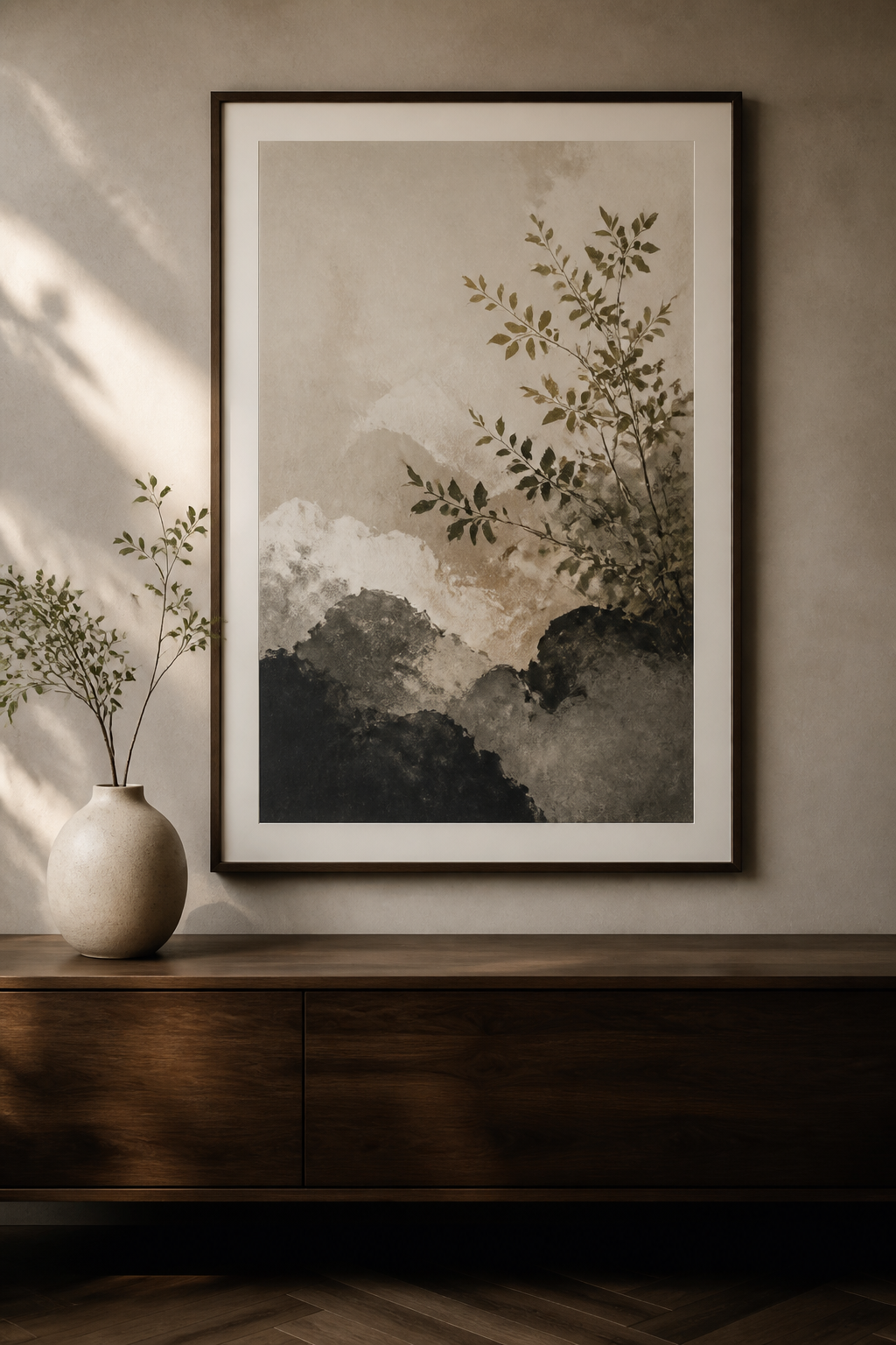 Museum-style botanical fine art print in an elegant warm neutral interior