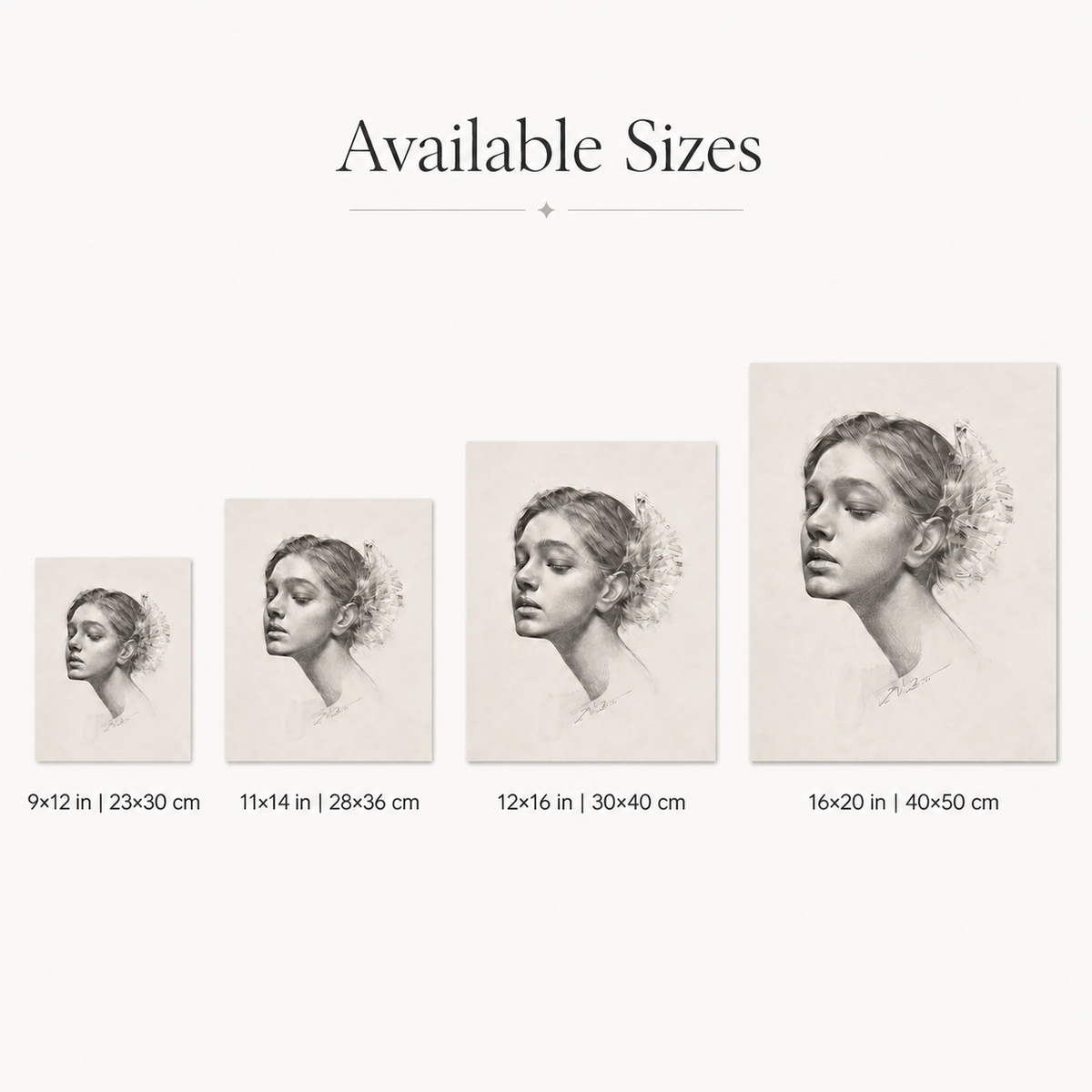 Human portrait size guide: 9x12, 11x14, 12x16, and 16x20 inches