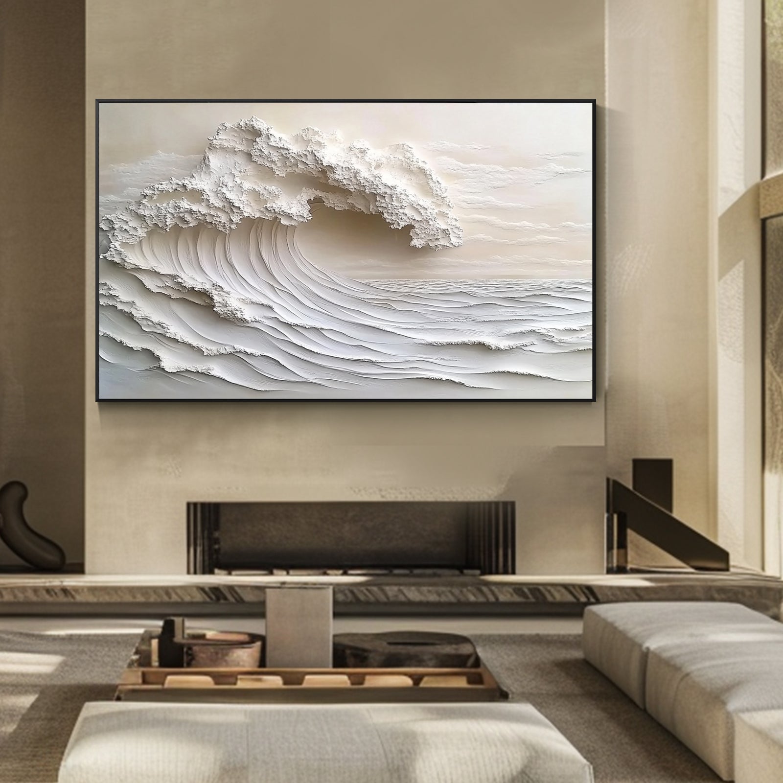Ivory impasto seascape painting in a dark contemporary interior