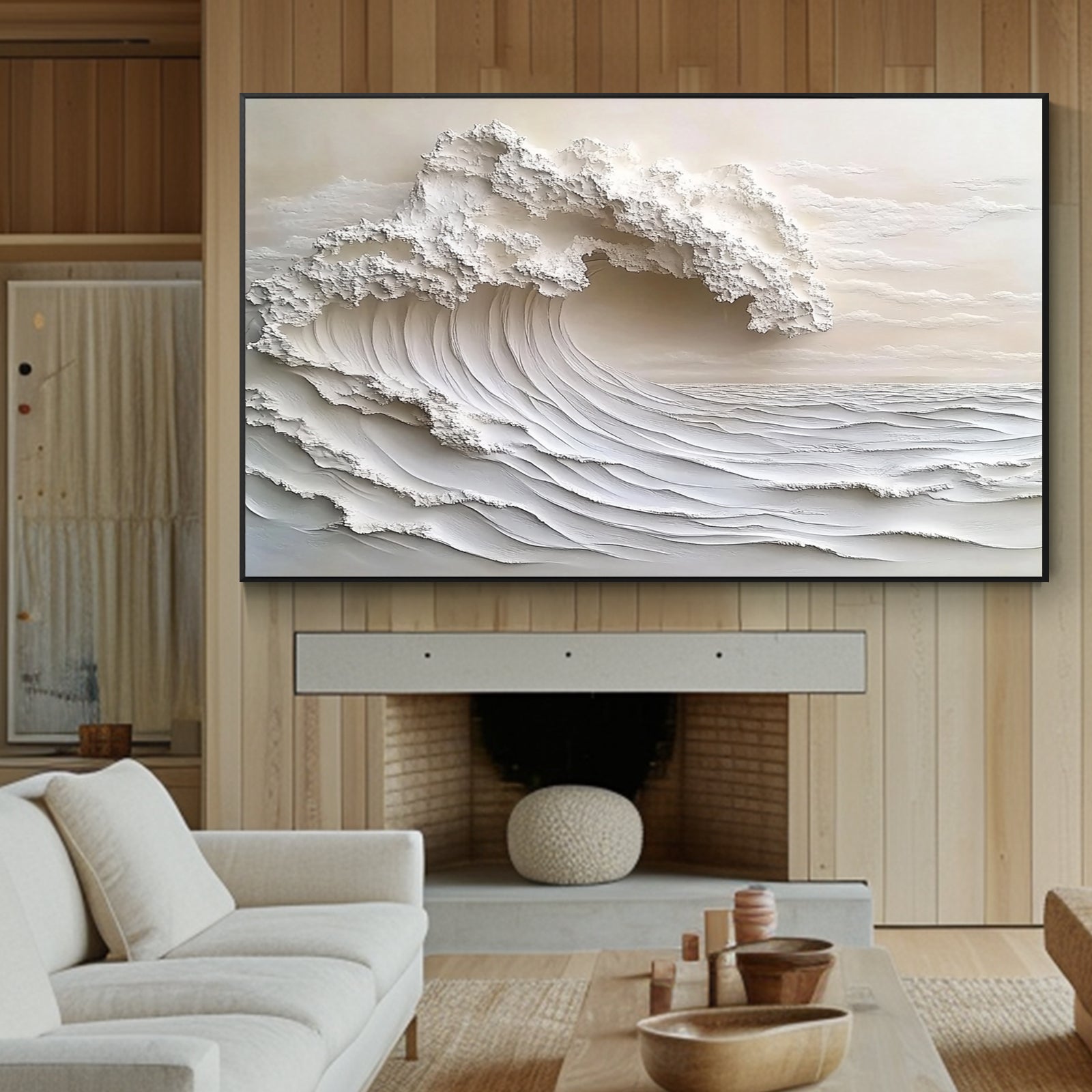 White textured coastal wall art in a warm minimalist interior