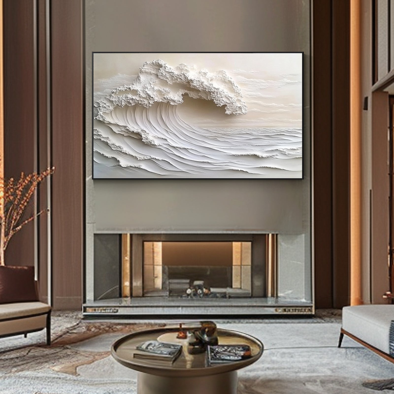 Minimalist textured wave painting displayed in a modern home