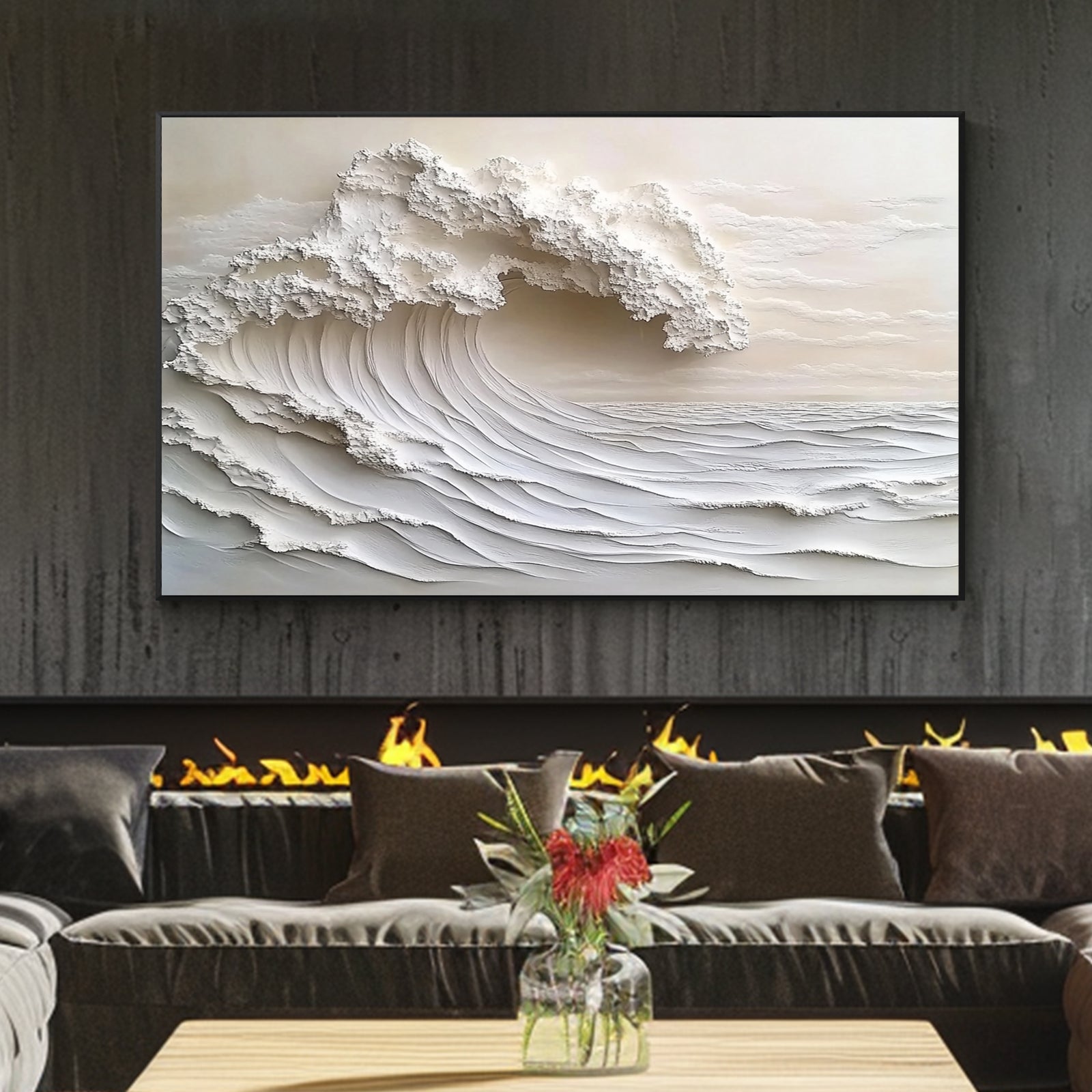 Neutral ocean wave painting displayed above modern furniture