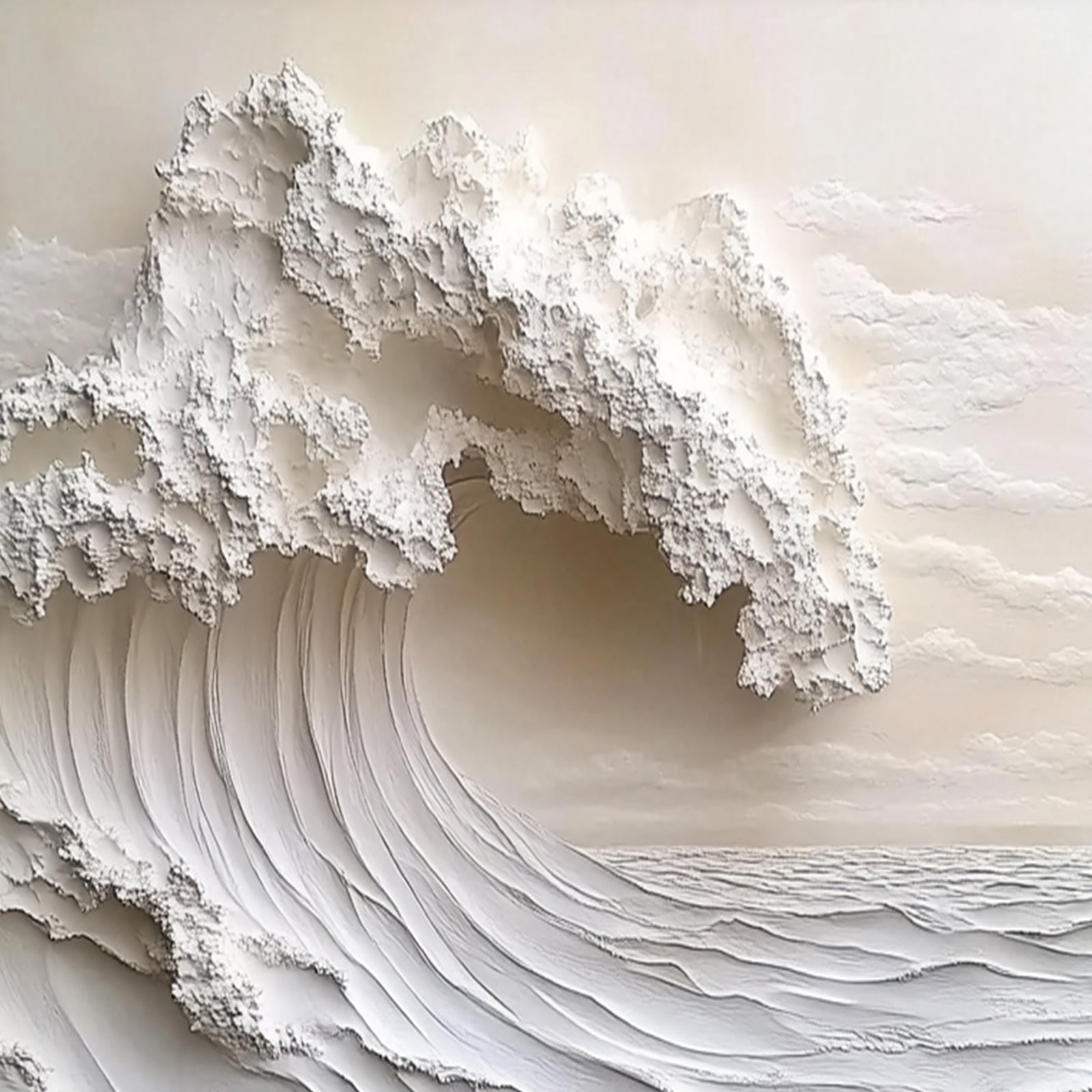 Hand-painted white ocean wave artwork with sculptural impasto texture