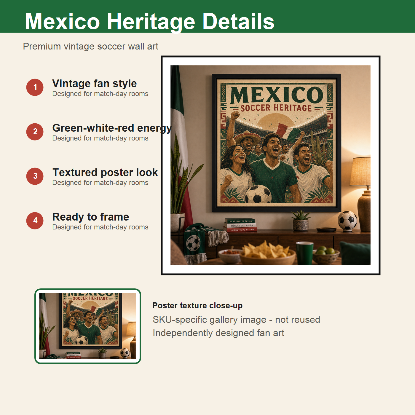 Mexico Soccer Heritage print details with vintage fan style green white red energy and textured poster look