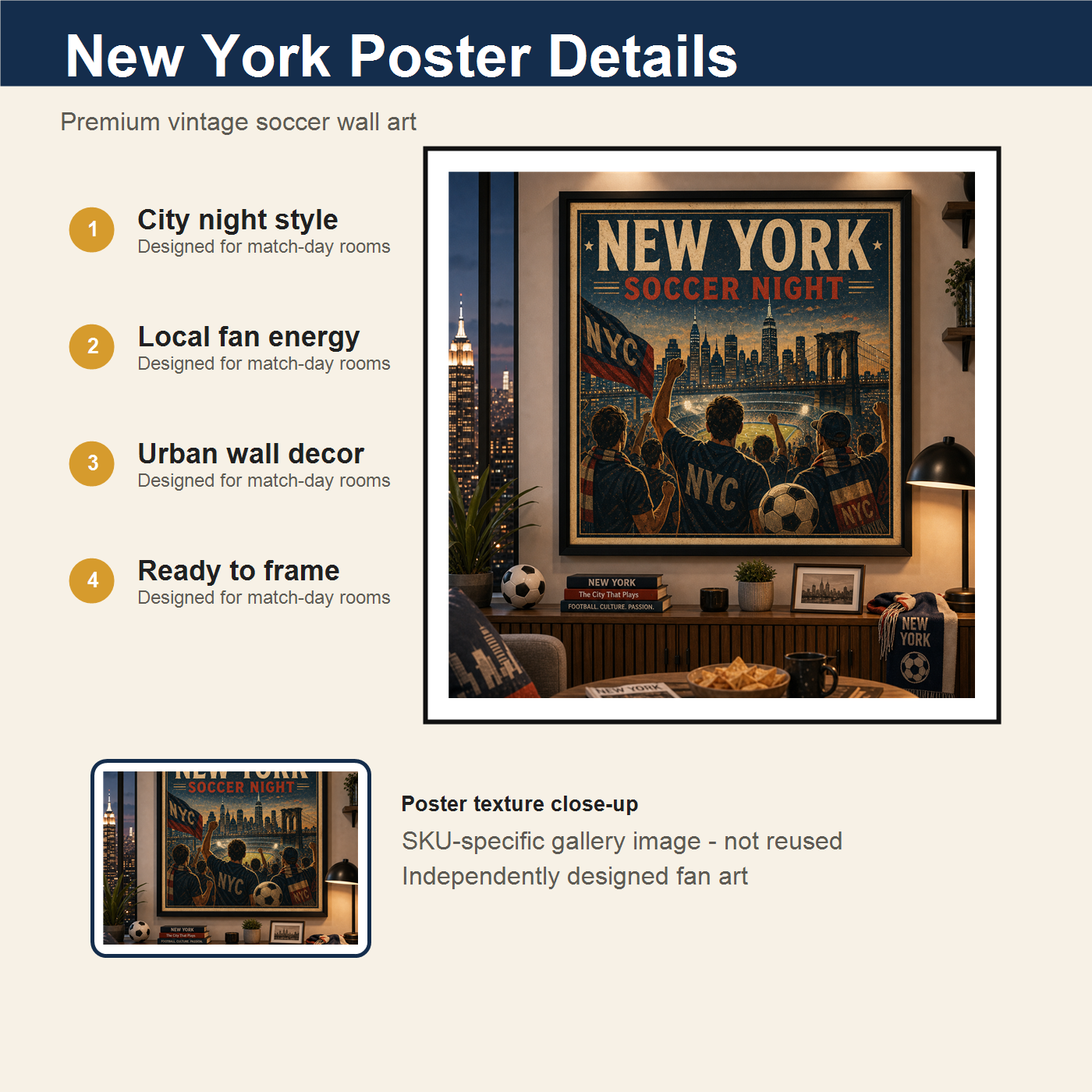 New York Soccer Night print details with city night style local fan energy and urban wall decor