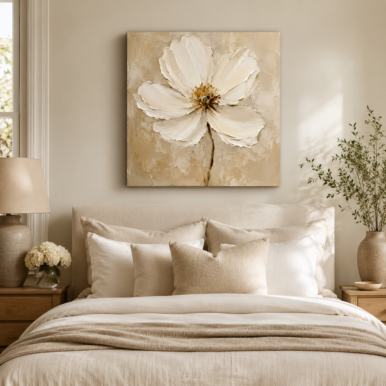 Ivory Bloom — textured ivory flower oil painting on canvas, neutral living room — image 3