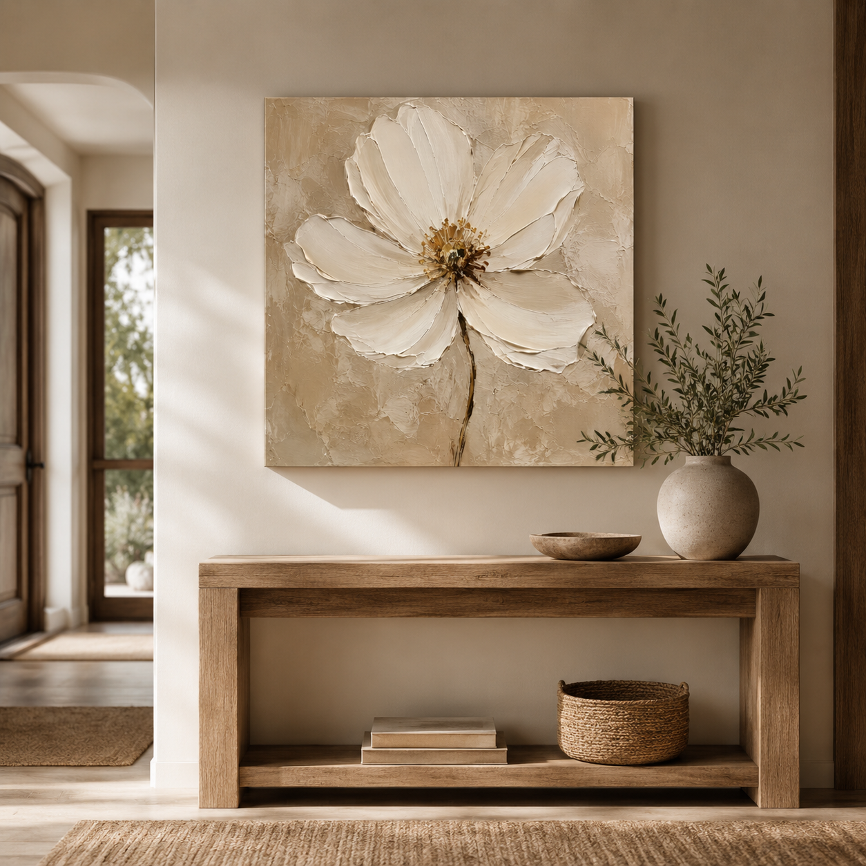 Ivory Bloom — textured ivory flower oil painting on canvas, neutral living room — image 6