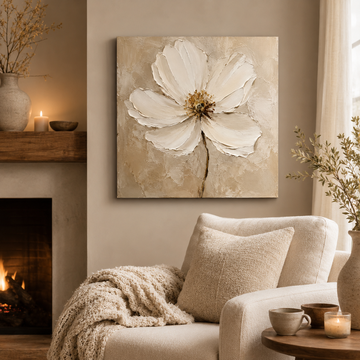 Ivory Bloom — textured ivory flower oil painting on canvas, neutral living room — image 7