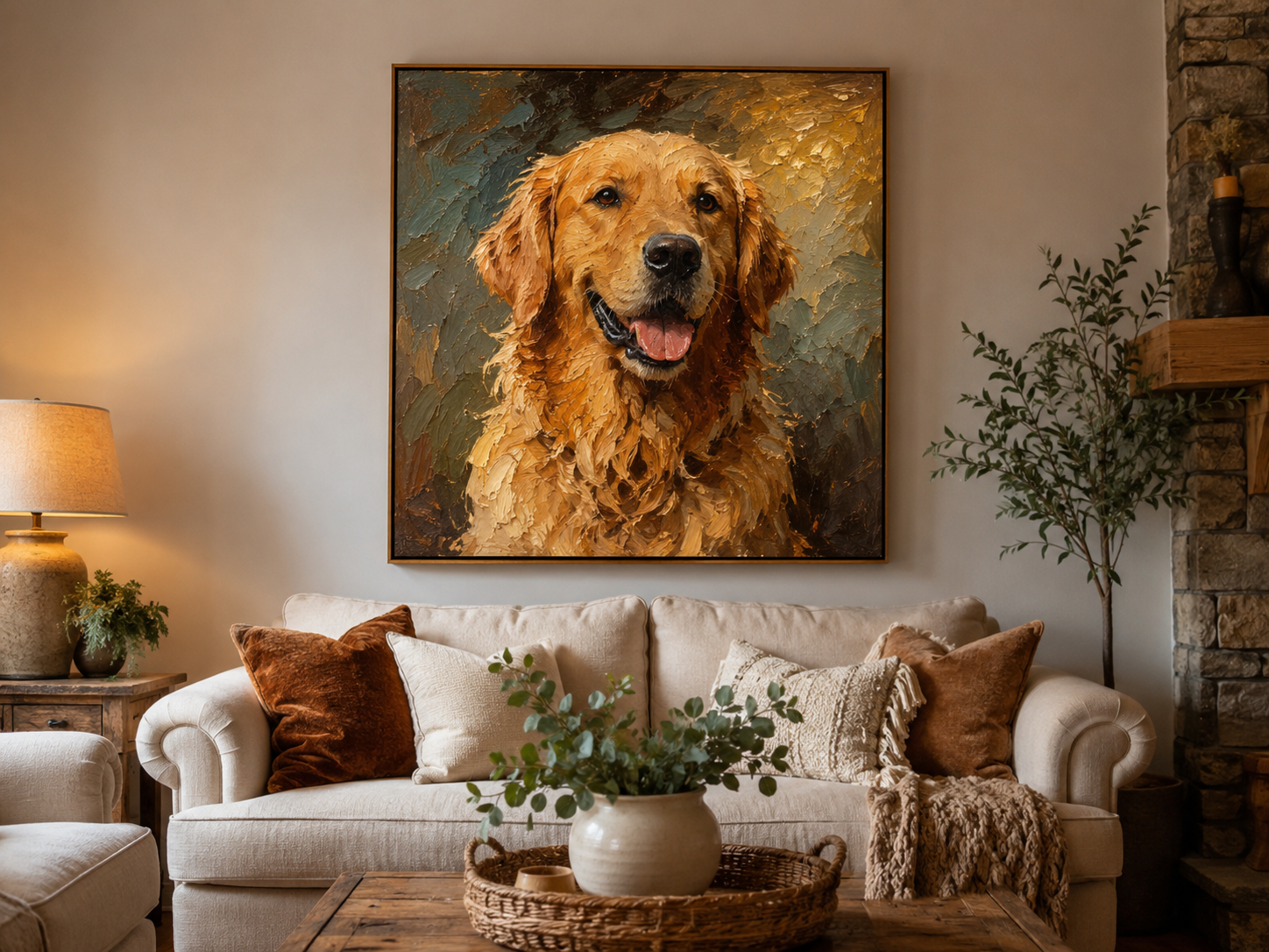 owner unboxing golden retriever portrait gift moment