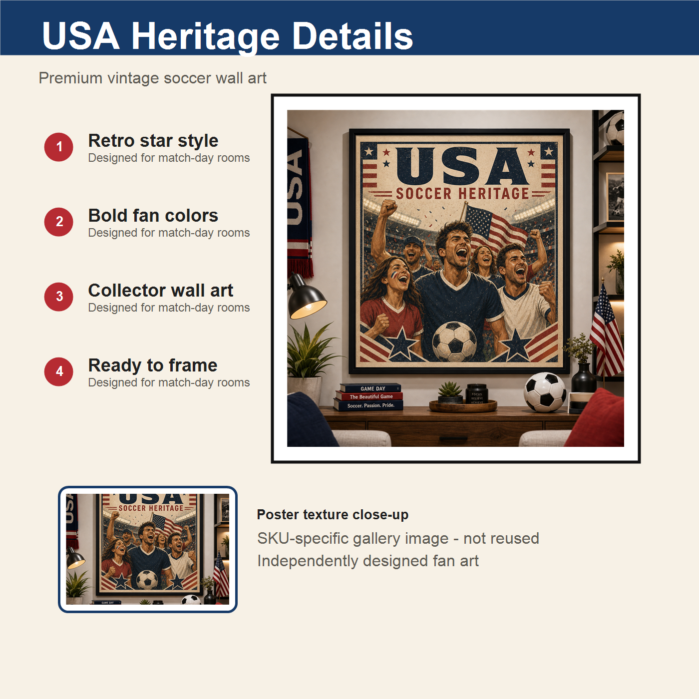 USA Soccer Heritage print details with retro star style bold fan colors and collector wall art