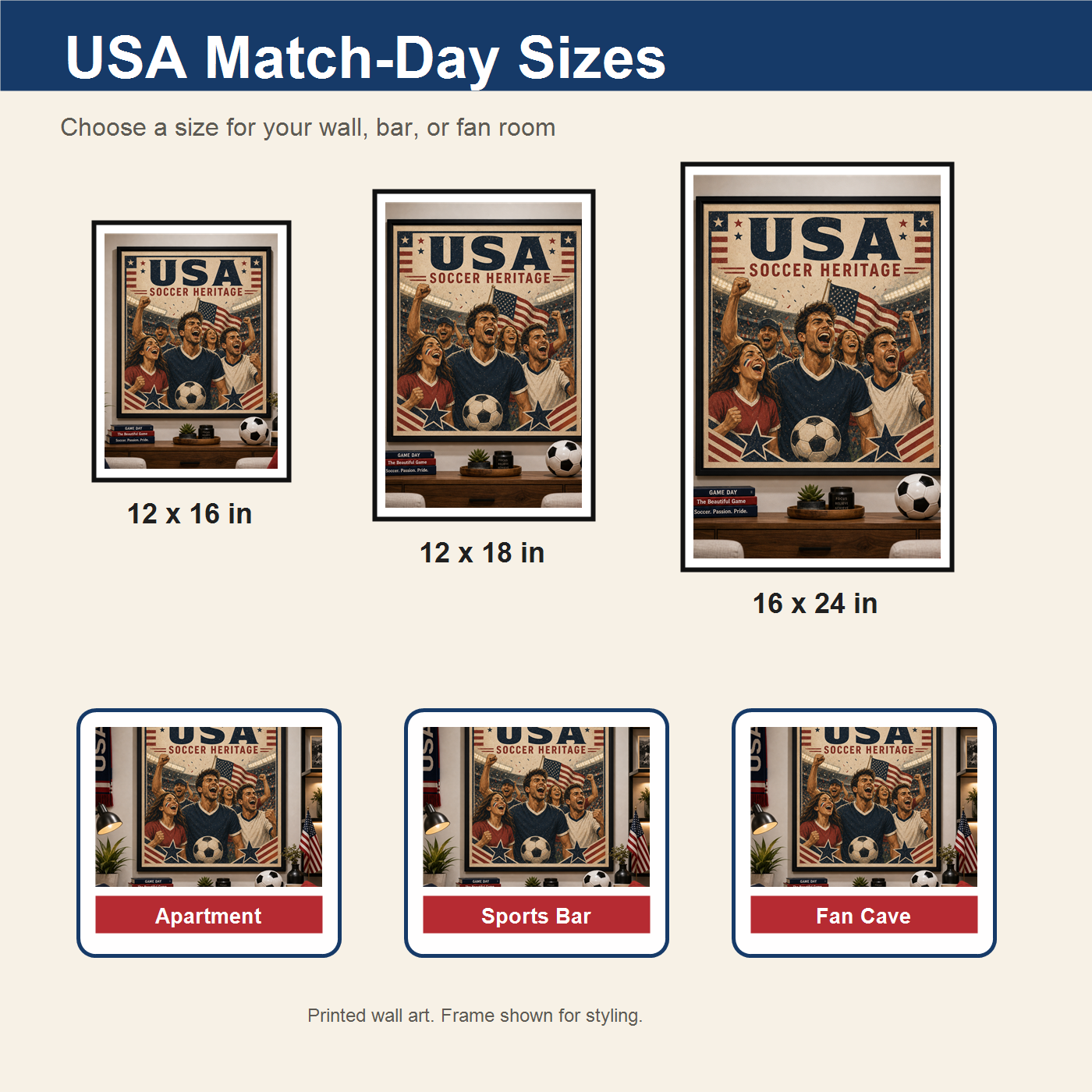 USA Soccer Heritage match-day size guide with apartment sports bar and fan cave examples