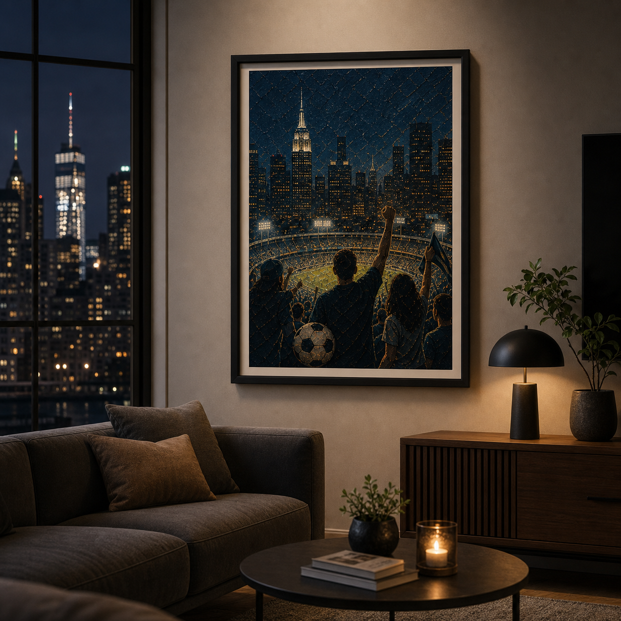 World Cup 2026 city edition wall art styled in a New York apartment at night