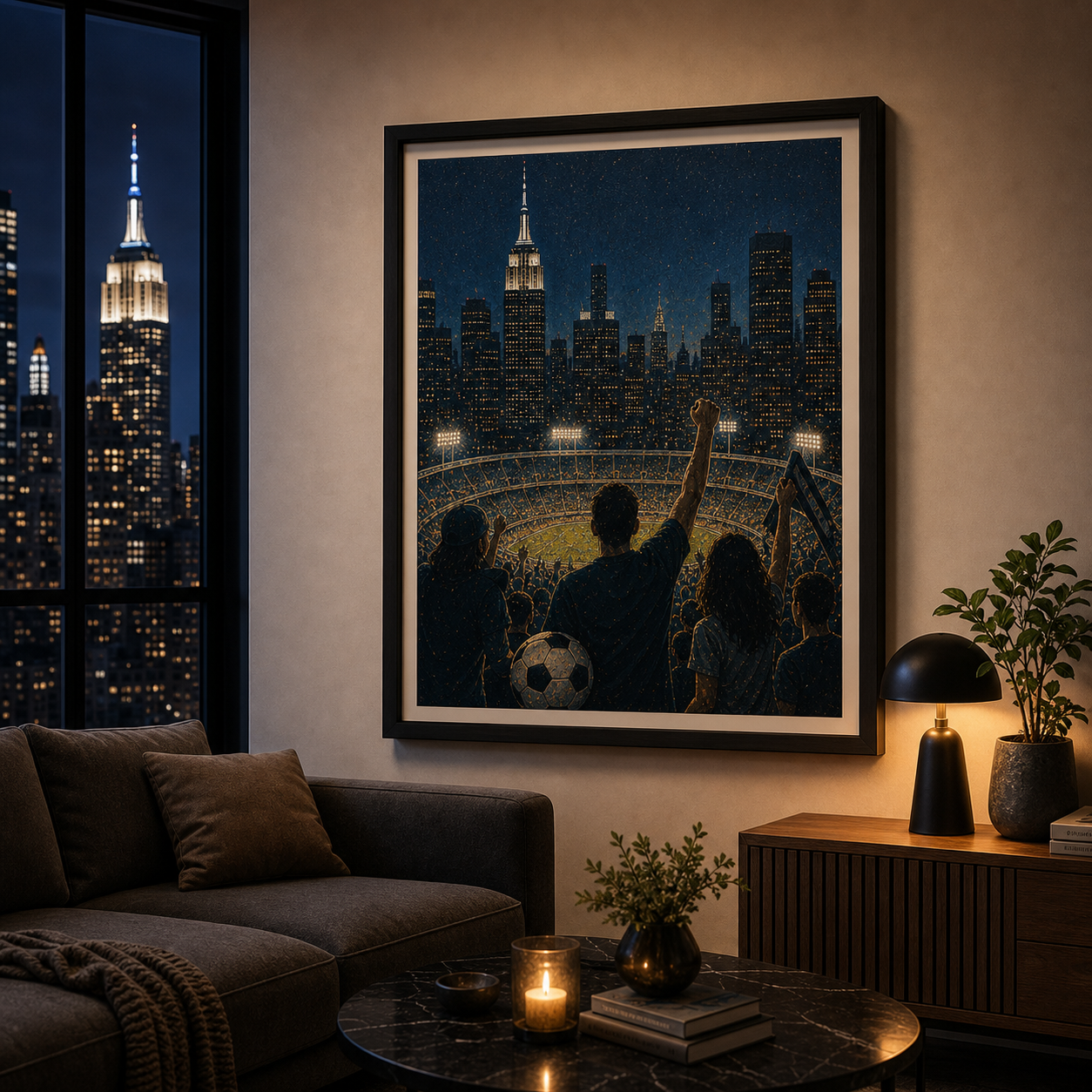 World Cup 2026 city edition wall art styled with a New York skyline evening room