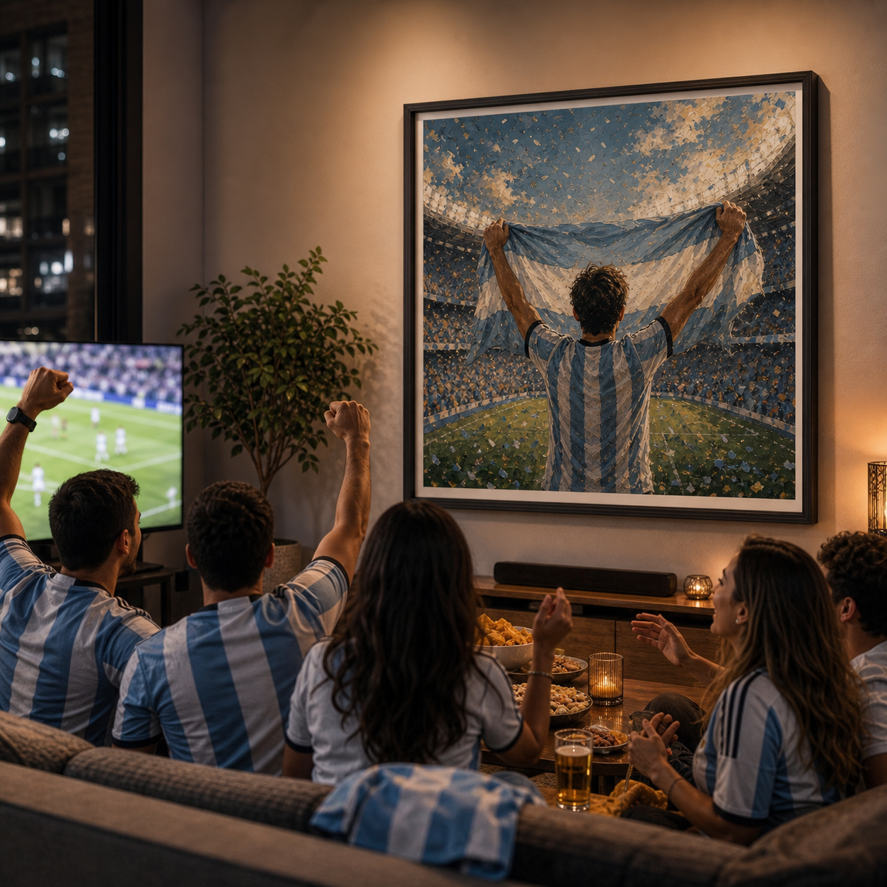 World Cup 2026 country edition wall art styled in an Argentina fan lounge watch party
