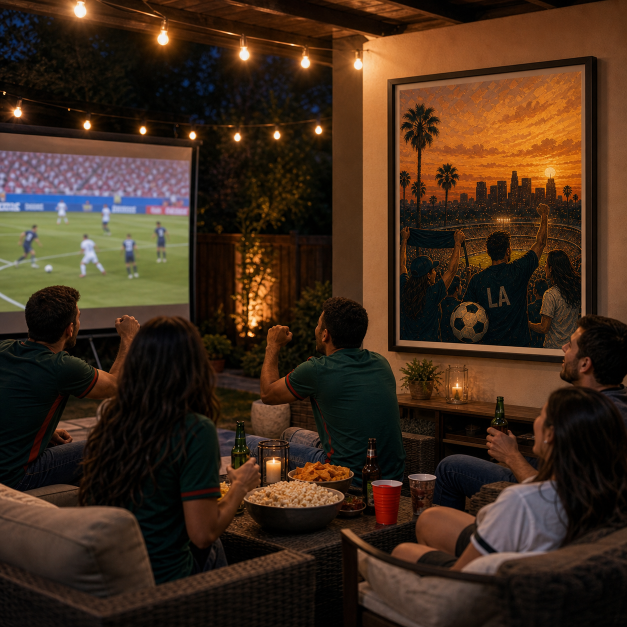 Backyard World Cup watch party wall art from photo beside outdoor projector night