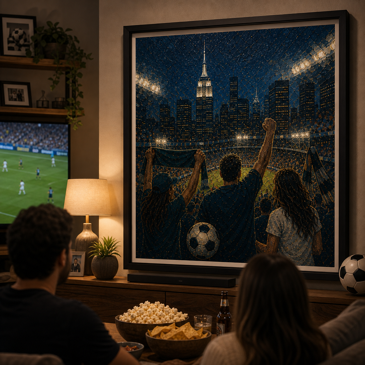 Living room personalized soccer wall art for fan home watch-party space