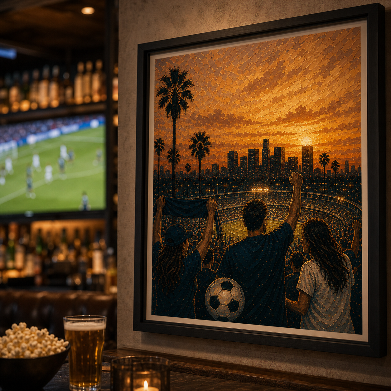 Sports bar personalized soccer wall art for big game entertainment spaces