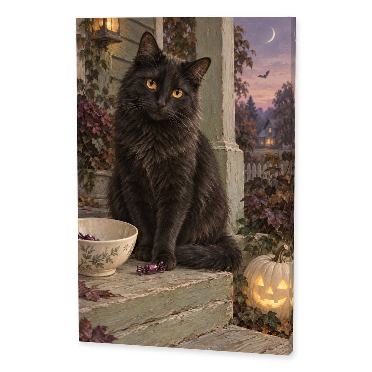 Black Cat and the Last Candy Halloween canvas wall art with a black cat, crescent moon and glowing pumpkin