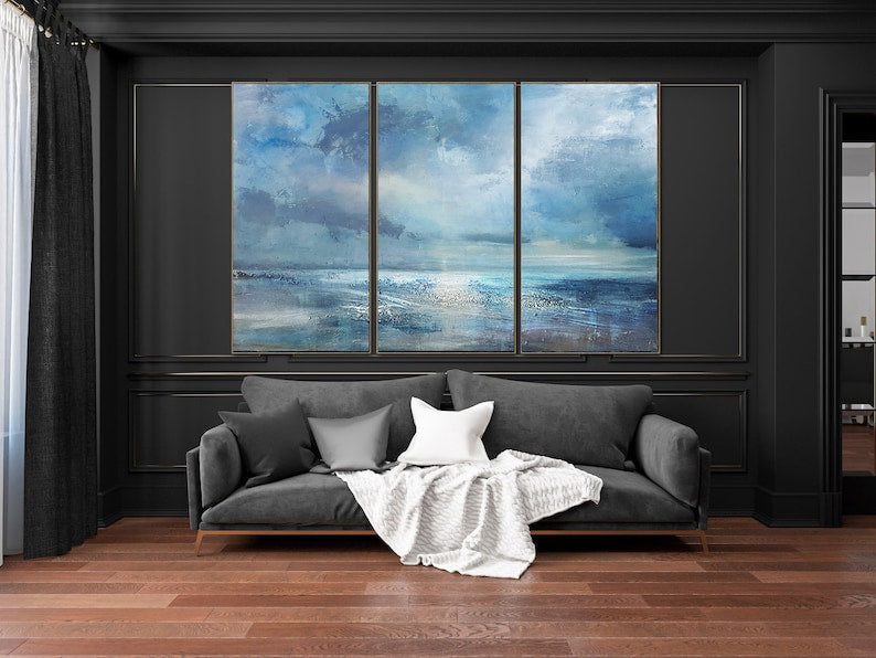Castaway three-panel ocean sunset painting, available as Rolled Canvas, Frameless or Custom Frame