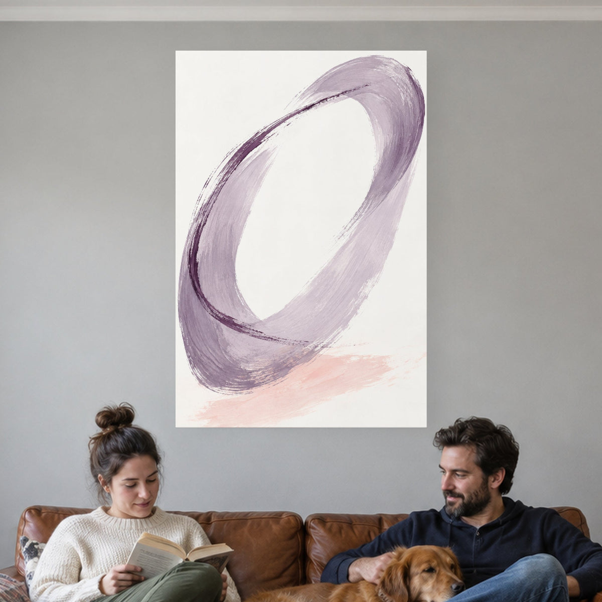 Lilac Loop abstract canvas print with lilac and plum brushwork on porcelain white, hanging in a naturally lit room