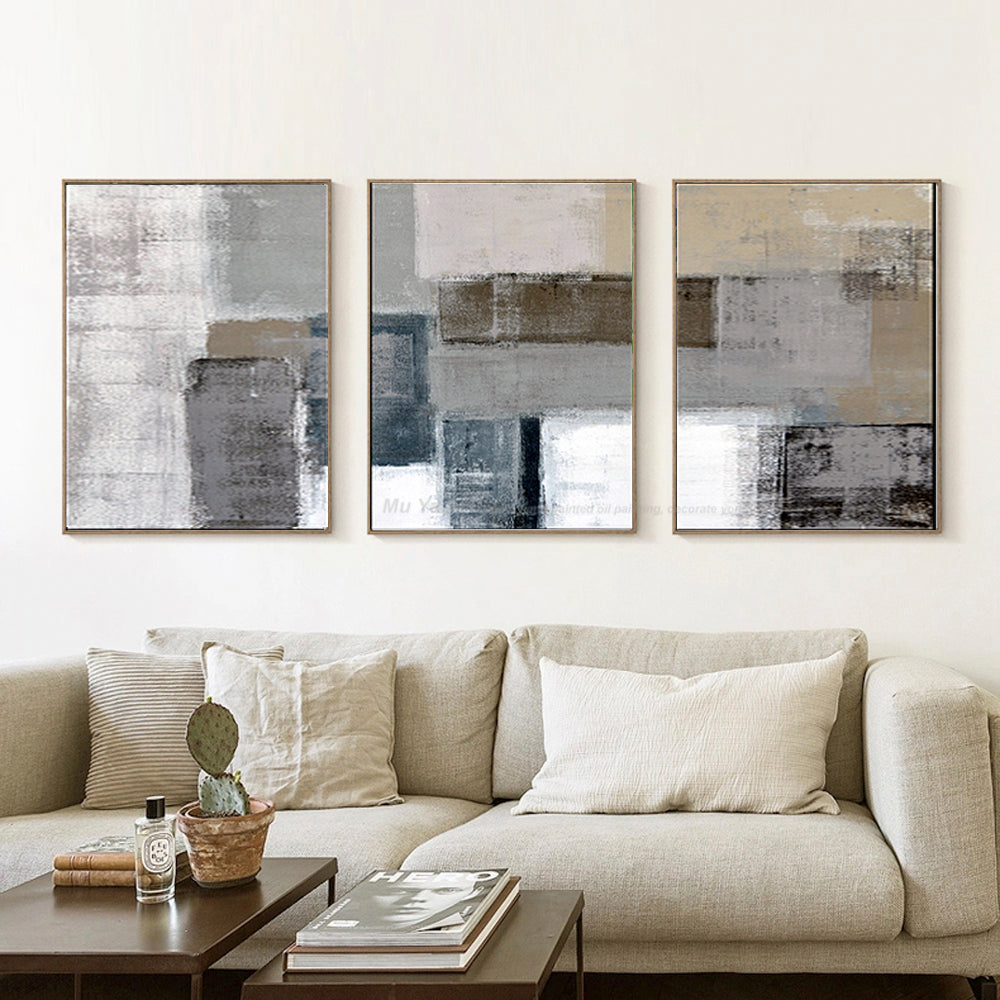 Rocky - 3-piece abstract triptych oil painting in warm brown, gray and white