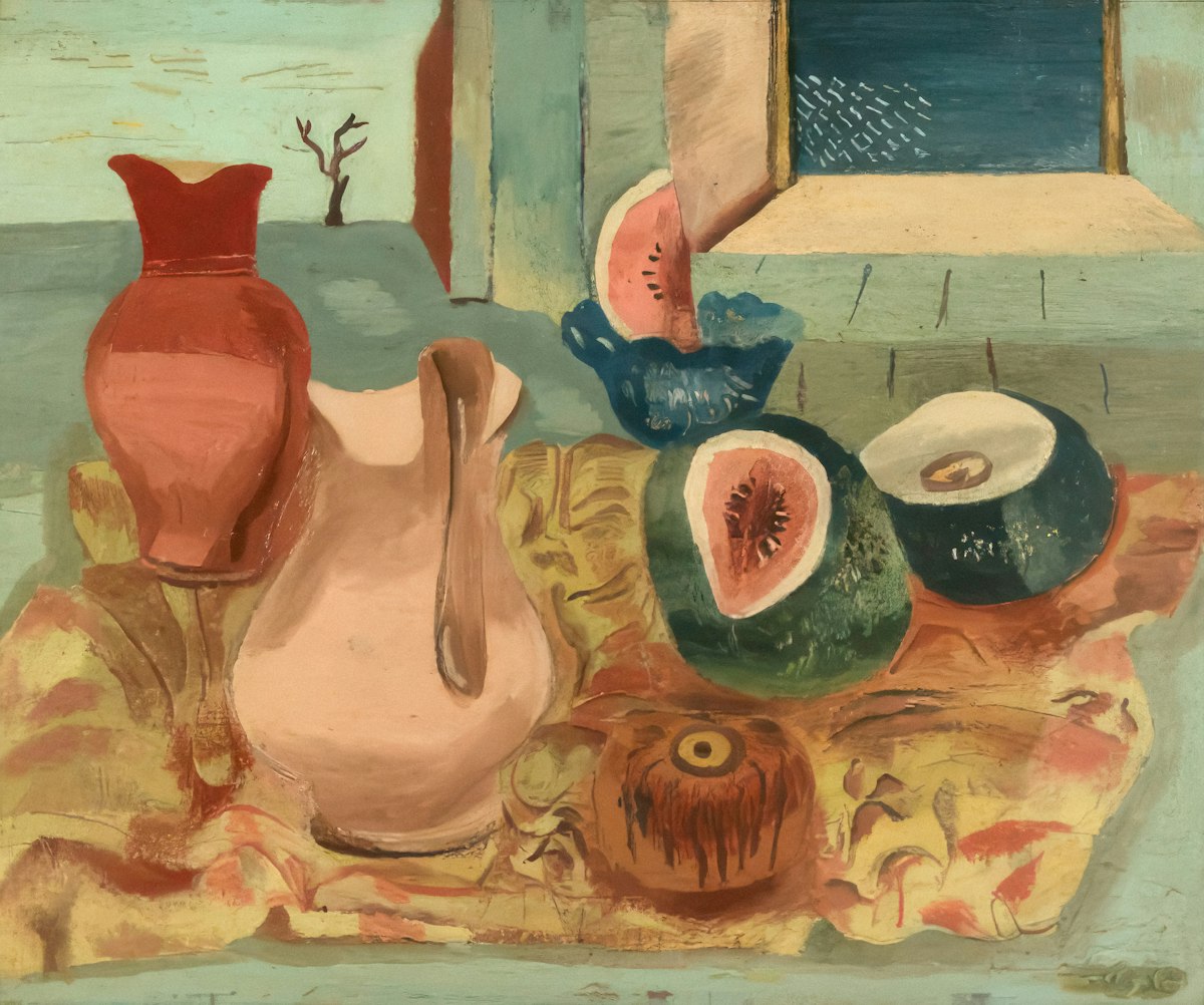 Classical still life oil painting with pitchers and fruit collector's guide