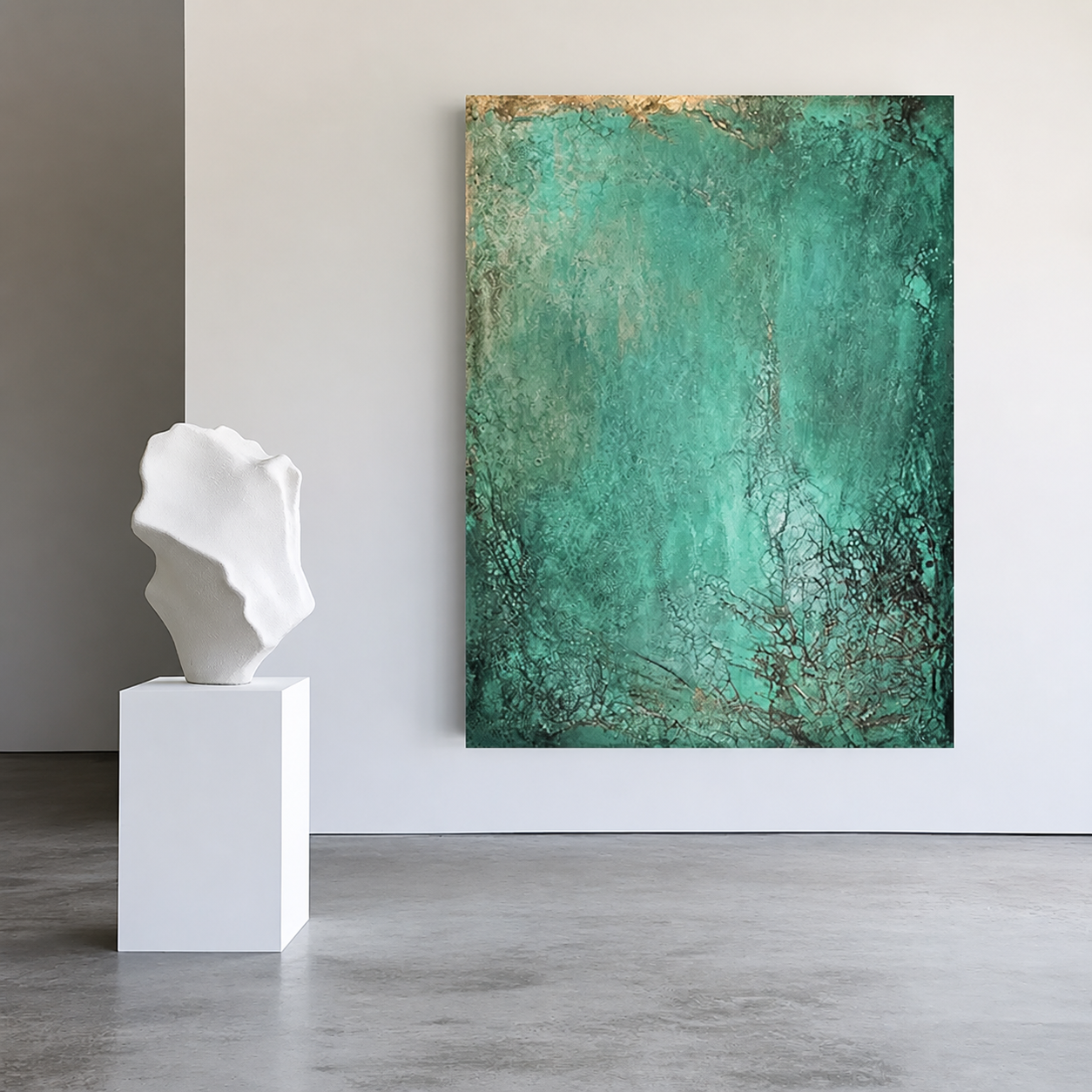 Emerald Wilds textured green abstract oil painting in a minimalist gallery interior