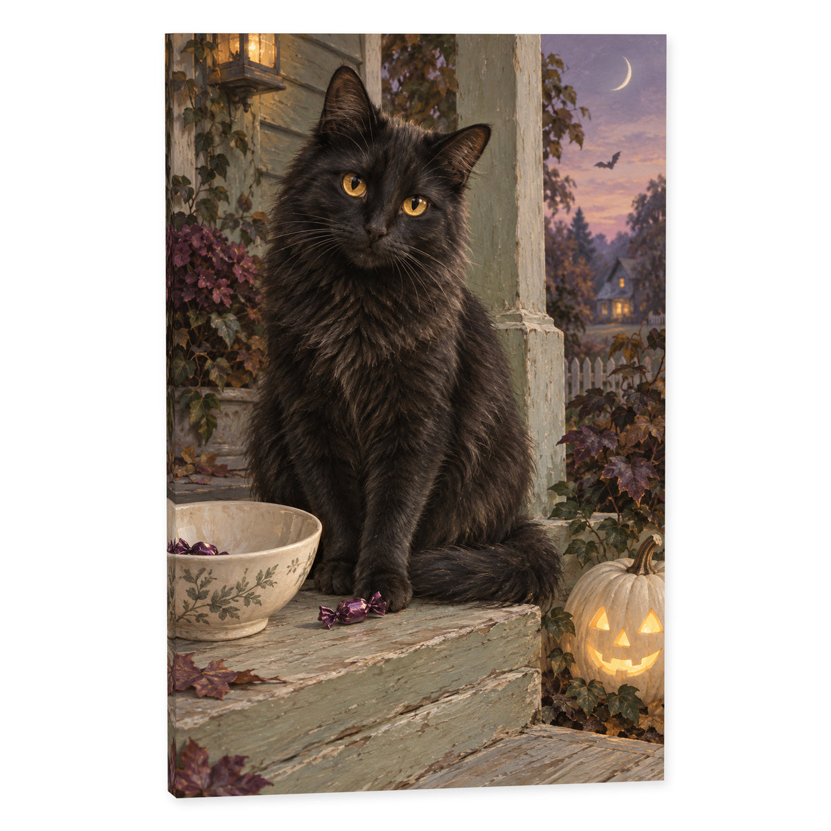 Black Cat & the Last Candy — white-background gallery-wrapped black-cat canvas — image 02