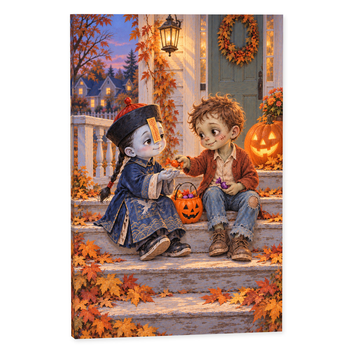 Sweet & Spooky Zombie Friends — white-background canvas with jiangshi and zombie sharing Halloween candy — image 02