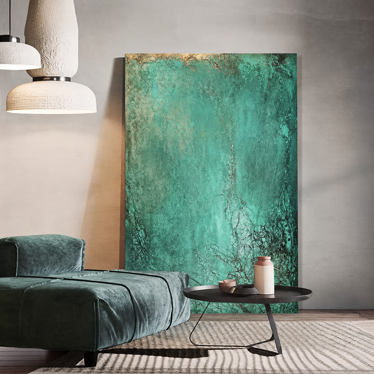 Emerald Wilds luxury green wall art in a modern living room