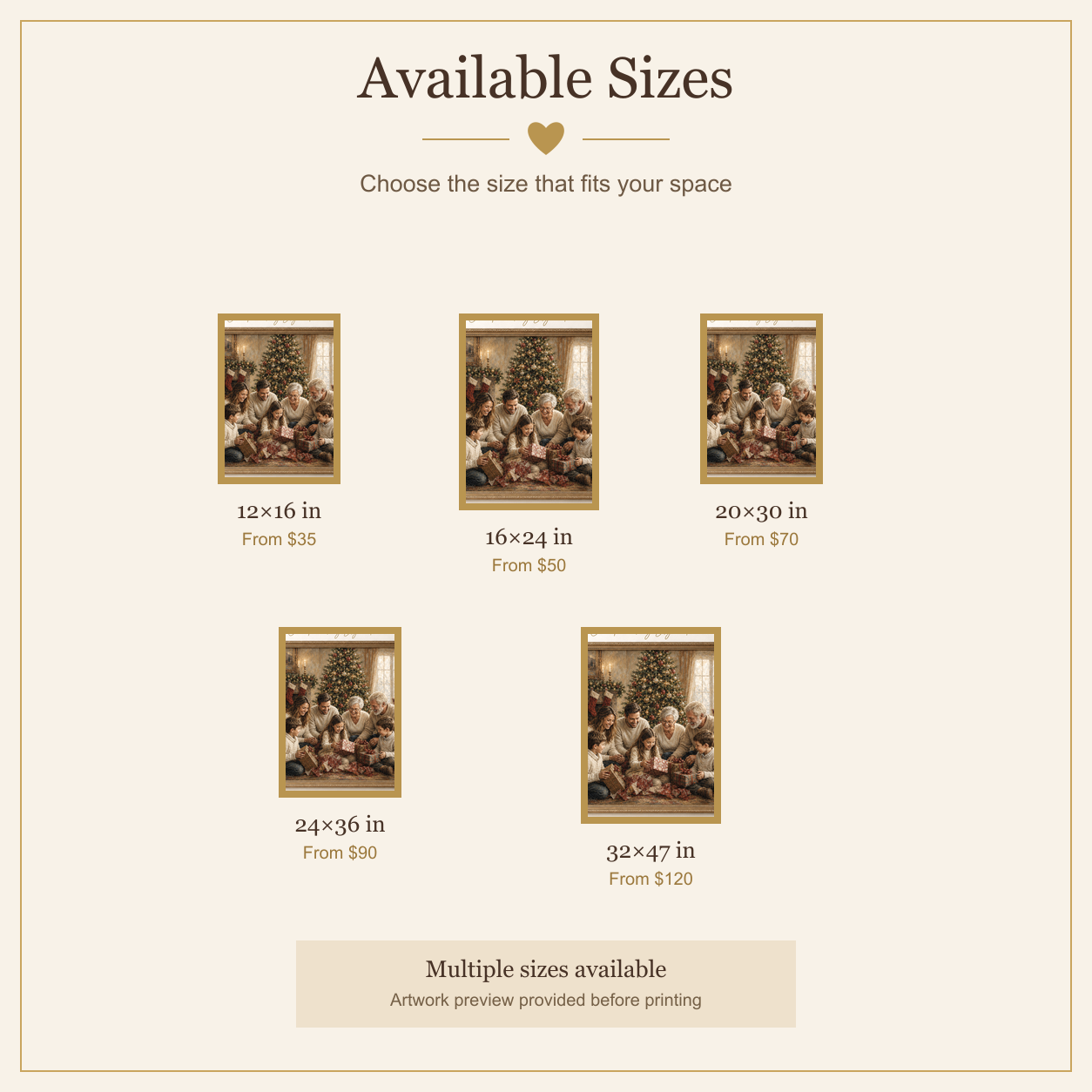 Available sizes and starting prices