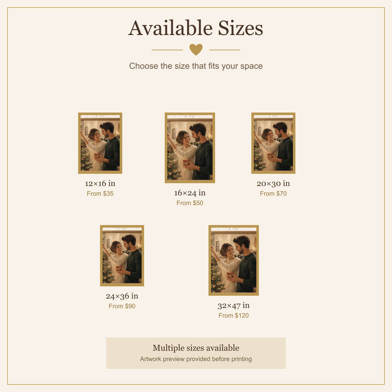 Available sizes and starting prices