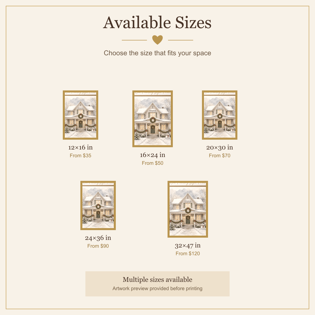 Available sizes and starting prices