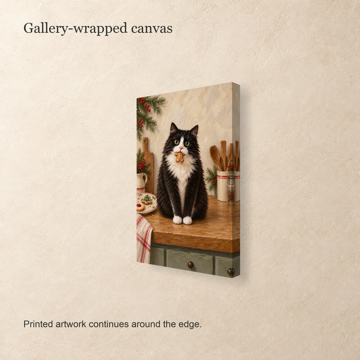 The Christmas Cookie Caper – 3 Piece Holiday Canvas Wall Art with a Tuxedo Cat — canvas side edge and gallery-wrapped construction detail