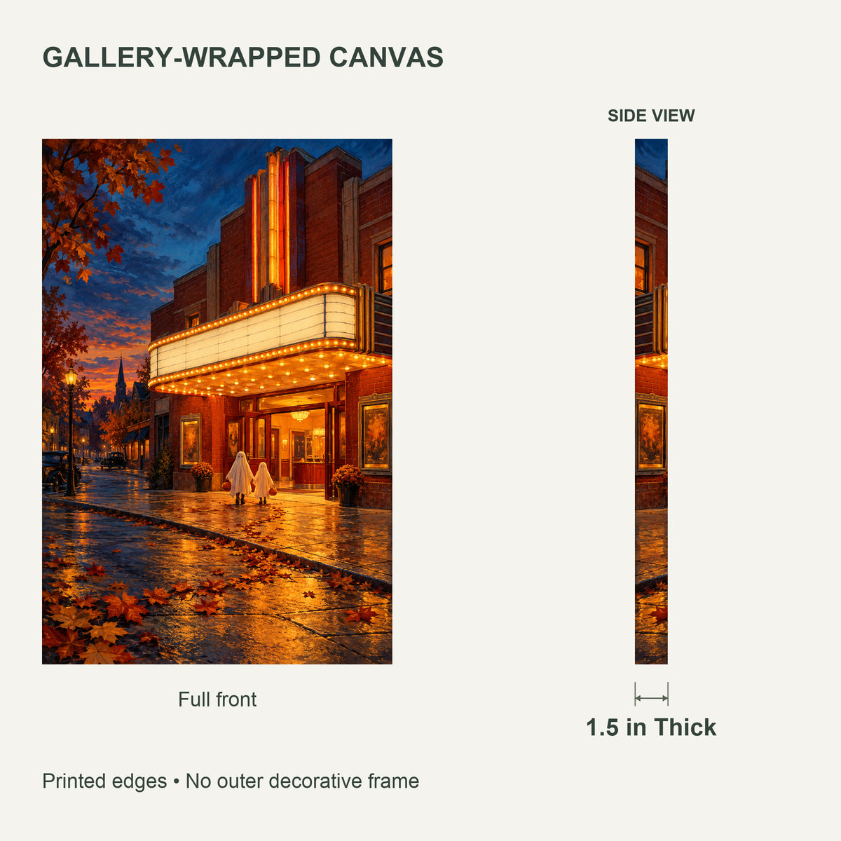 October Small-Town Cinema — front and side views of the gallery-wrapped canvas — image 07