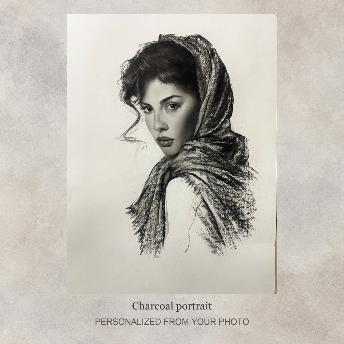 Custom Charcoal Portrait | Realistic Hand-Drawn Sketch from Your Photo — original drawing example on a flat soft greige textured graphic background; no frame shown