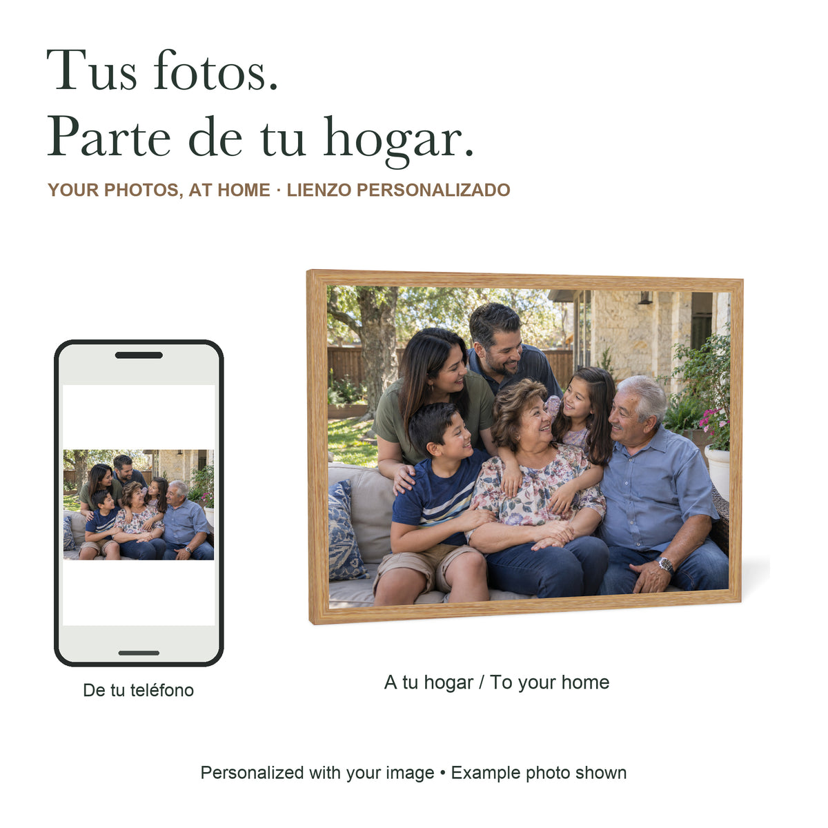 Your Memories, at Home — Custom Photo Canvas with Light Wood Frame — Your phone photo reproduced as a light wood framed canvas; illustrative family example — Image 1