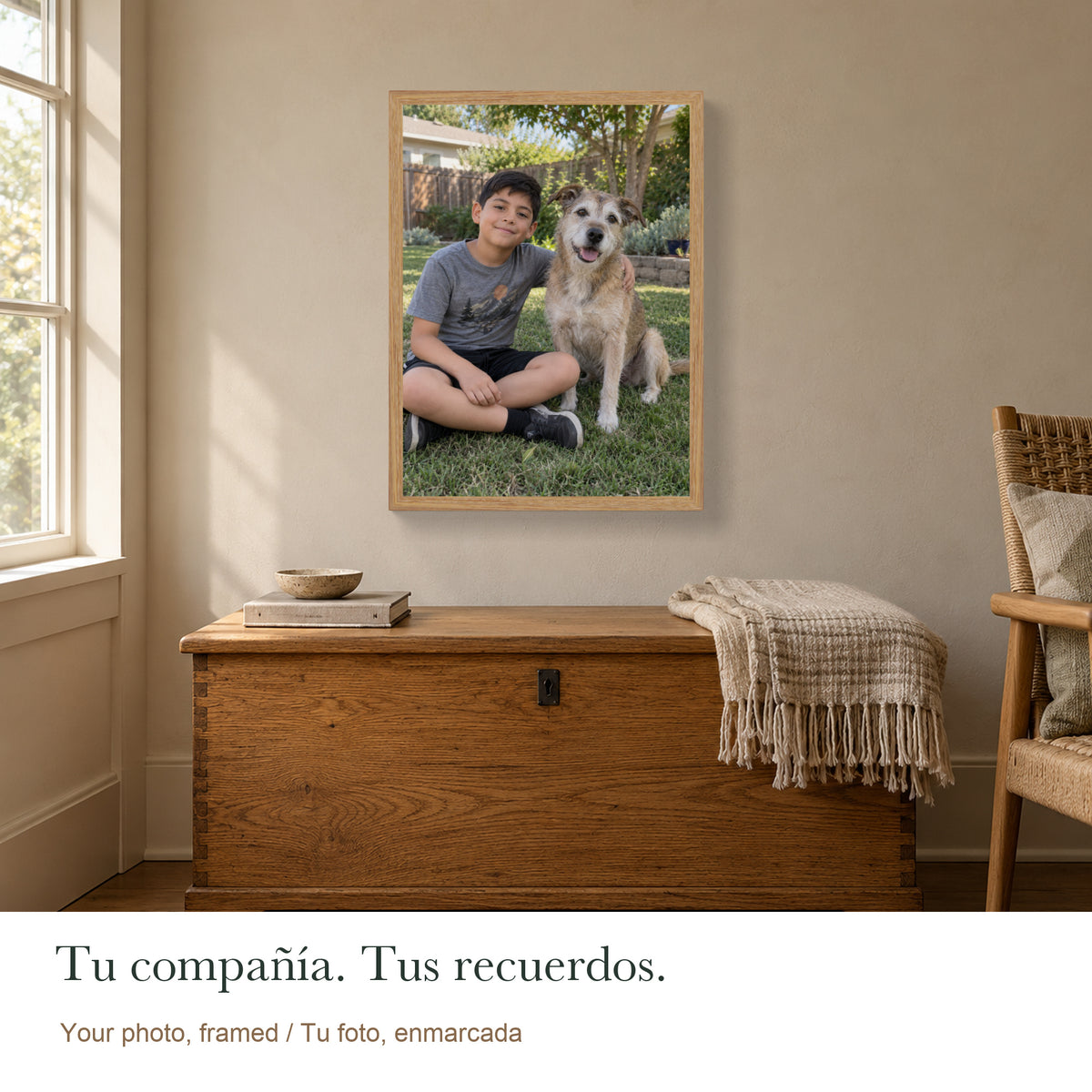 Your Memories, at Home — Custom Photo Canvas with Light Wood Frame — Personalized child and pet photo shown above a storage chest — Image 5