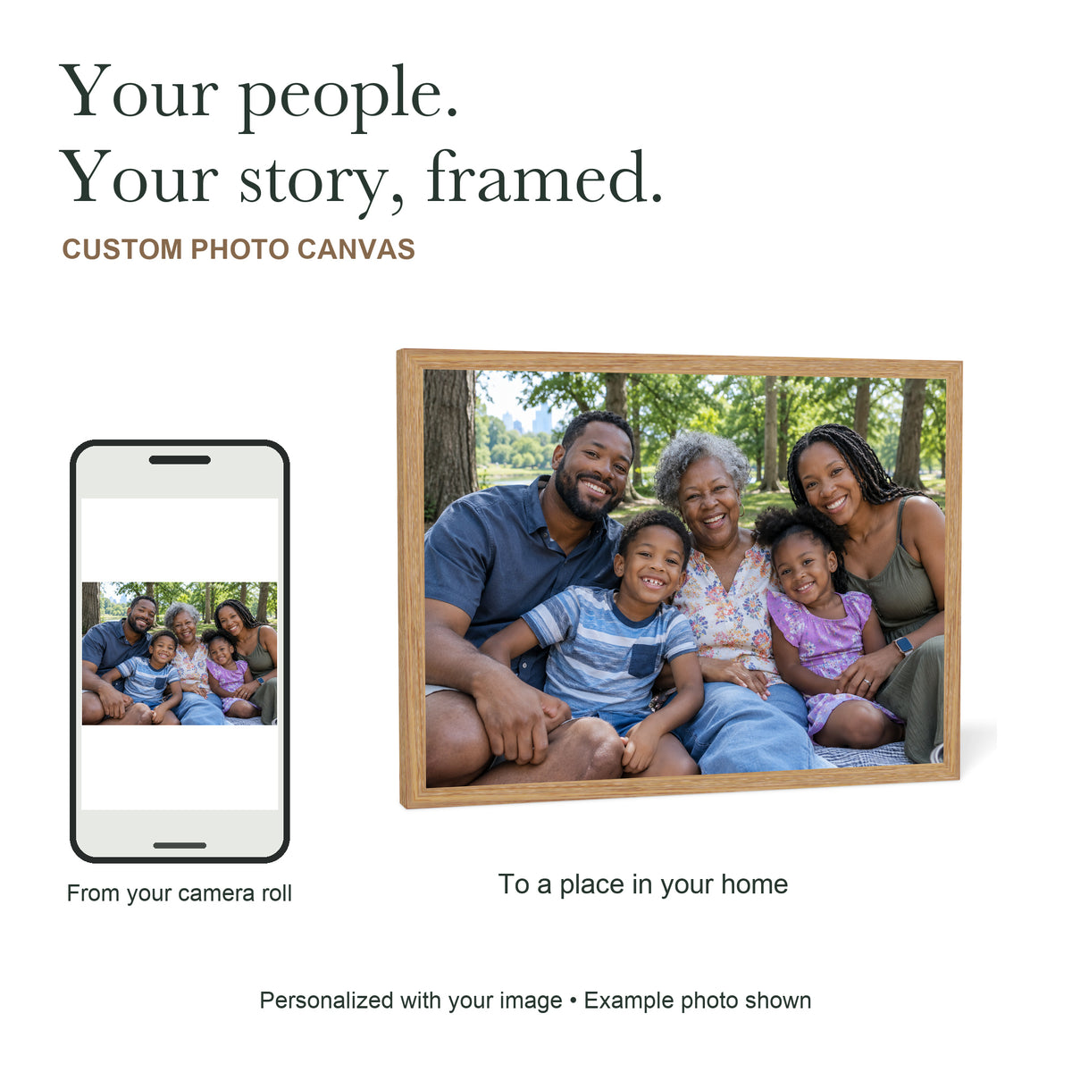 Your People, Your Story — Custom Photo Canvas with Light Wood Frame — Your phone photo reproduced as a light wood framed canvas; illustrative family example — Image 1