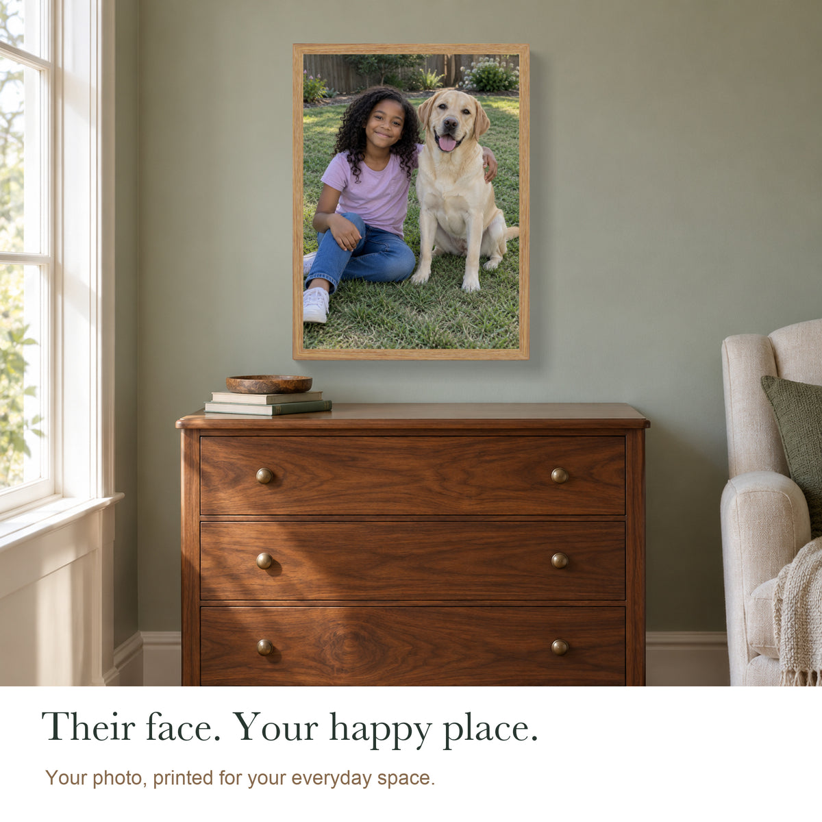 Your People, Your Story — Custom Photo Canvas with Light Wood Frame — Personalized child and pet photo shown above a storage chest — Image 5