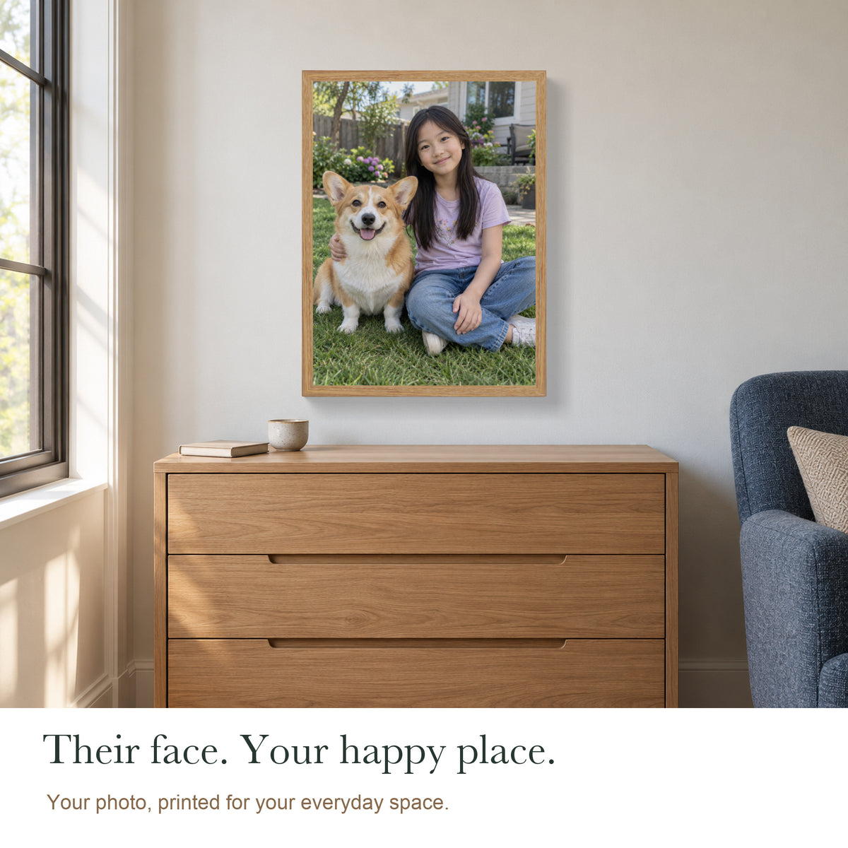 Everyday Moments, Beautifully Framed — Custom Photo Canvas with Light Wood Frame — Personalized child and pet photo shown above a storage chest — Image 5