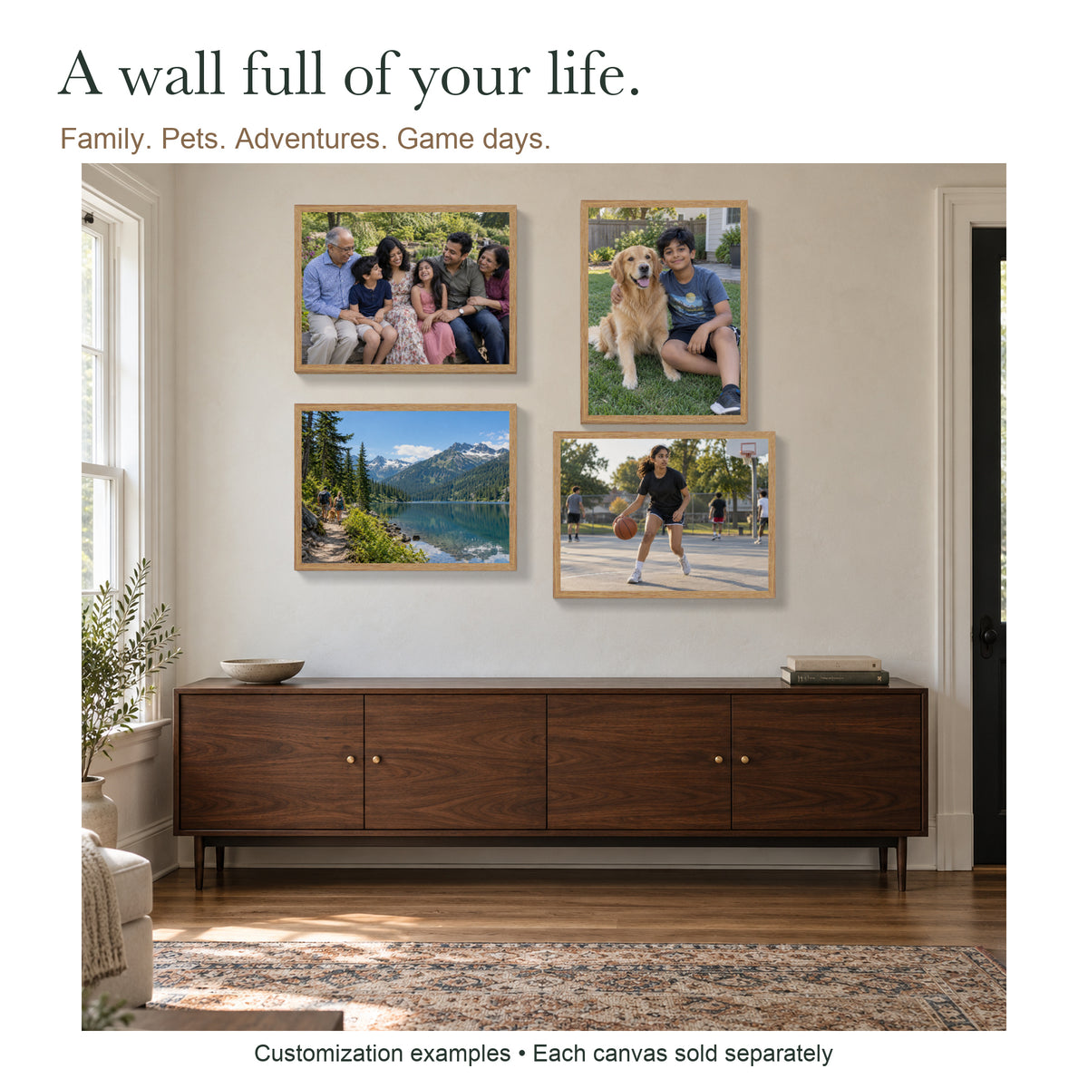 The Moments That Matter — Custom Photo Canvas with Light Wood Frame — Gallery wall of four independent custom photo examples; each canvas sold separately — Image 3