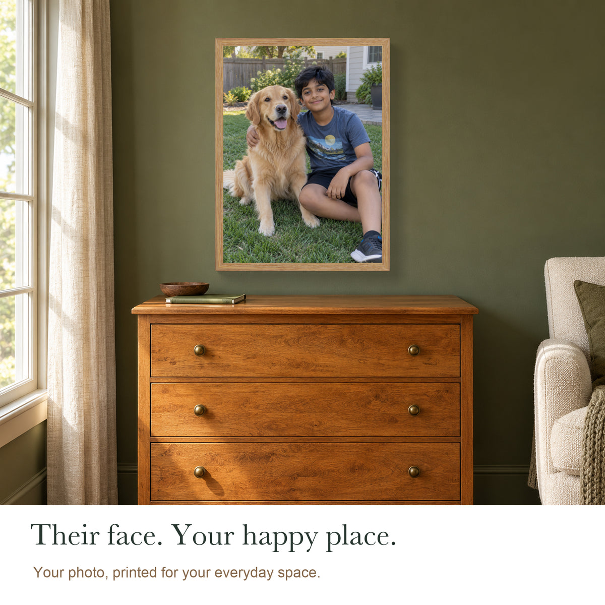 The Moments That Matter — Custom Photo Canvas with Light Wood Frame — Personalized child and pet photo shown above a storage chest — Image 5